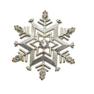 Snowflake Rhinestone Brooch Pin Silver Tone 2 Inch Diameter